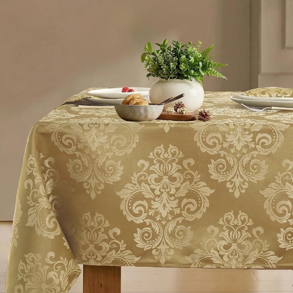 gold Table Cloth Rectangle Tablecloth Damask Stain Resistant Tablecloths, Jacquard Spillproof Fabric Table Cover for Dining, Home, Party, Wedding, Holidays