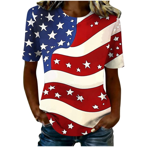 TARIENDY American Flag Shirts for Women Plus Size Short Sleeve 4th of July Blouses Round Neck Tunic Festival Outfits Independence Day Tops Navy XL