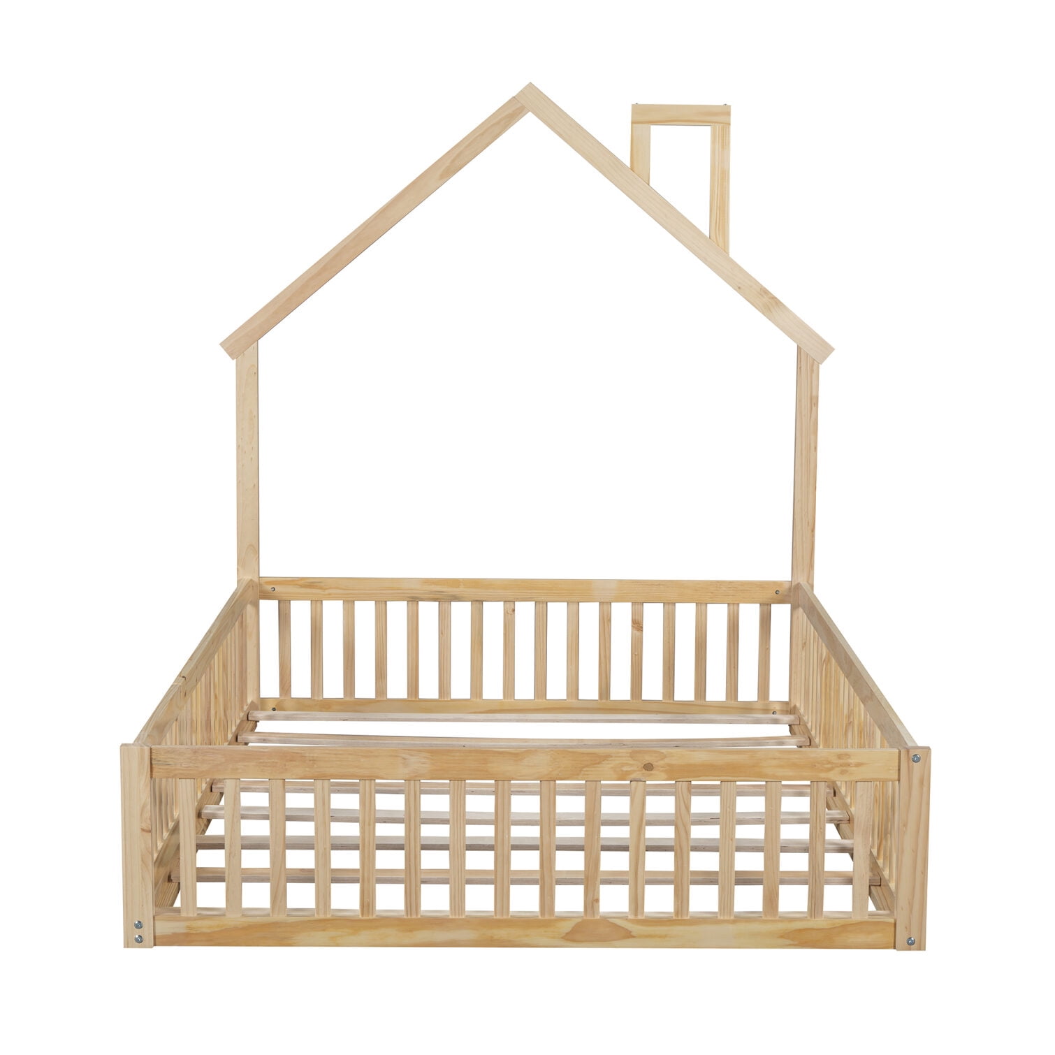 Full Size Floor Bed with Door and Slats,Montessori Floor Bed with Safety Guardrails,House Platform Bed for Girls and Boys,Natural