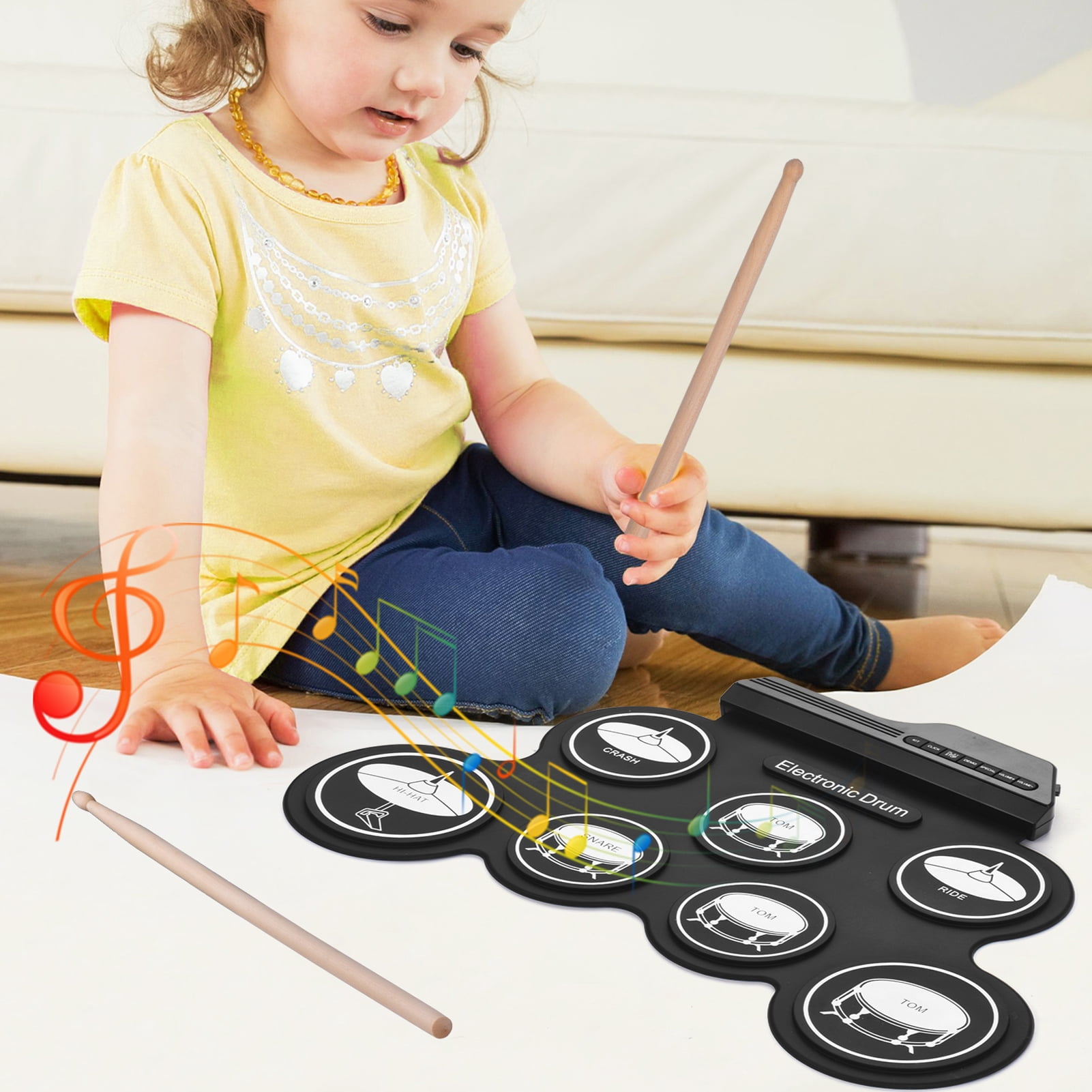 Carevas Compact Size USB Roll-Up Silicon Drum Set Digital Electronic Drum Kit 7 Drum Pads with Drumsticks Foot Pedals for Beginners