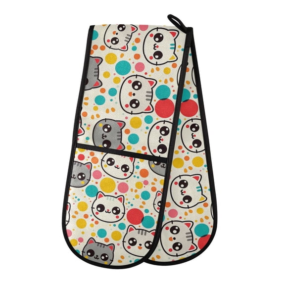 Dailycode Double Sided Oven Mitt with Loop Heat Resistant Kitchen Long Potholders 7" x 35" Cartoon Cat Face and Dots