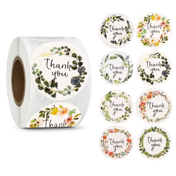 500 Pcs 1.5" Floral Thank You Stickers Roll, 8 Watercolor Botanical Designs, Round Adhesive Labels for Small Business Packaging, Envelope Seals, Wedding & Party Favors