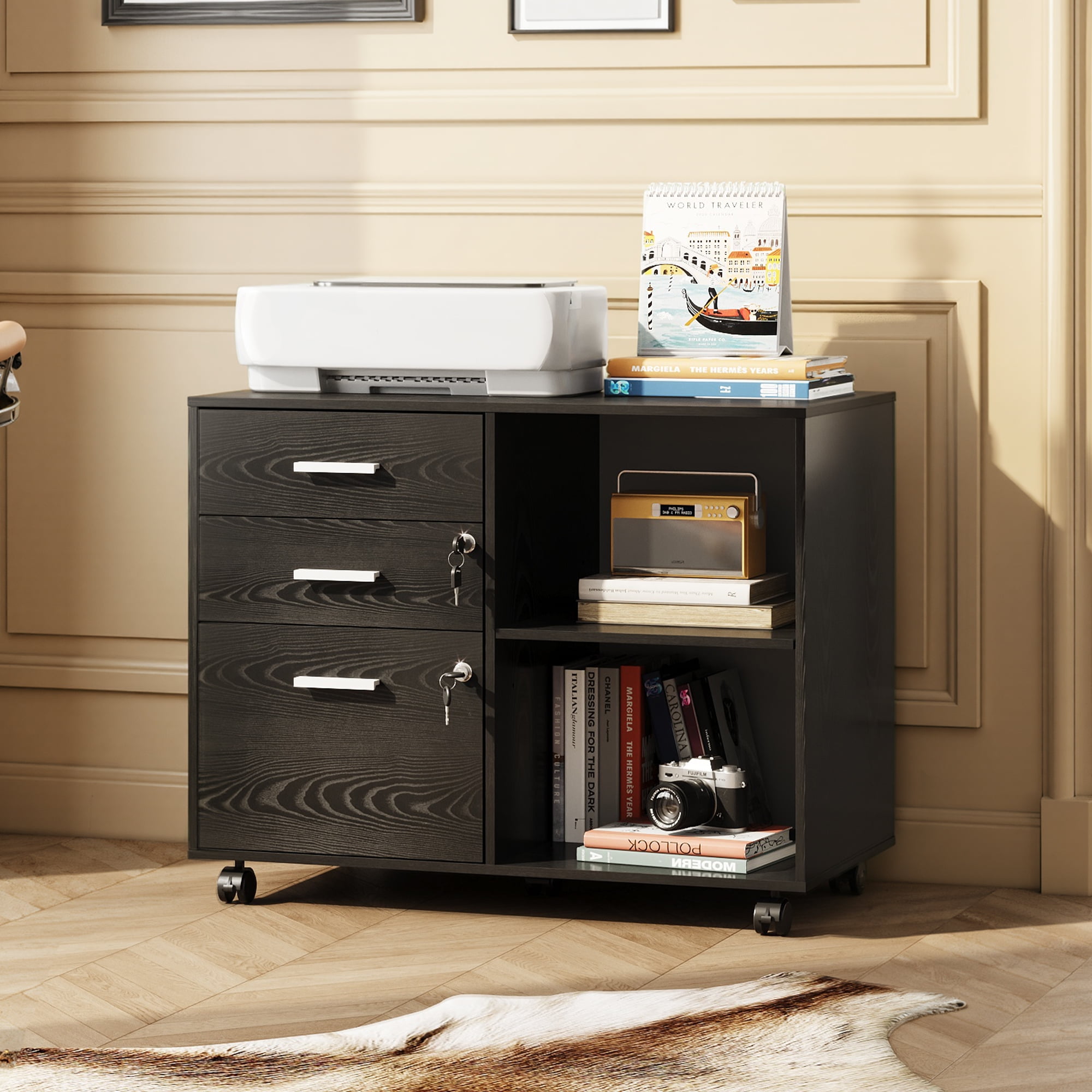 GALAXHERO 3-Drawer File Cabinet with Lock and Key, Mobile Wood Lateral Filing Cabinet & Printer Stand with Open Shelves for Home Office, Black