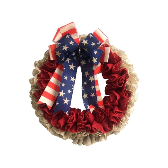 BNNG 14.96inch 2024 New Patriotic Day And National Day Festival Bow Garland Door Hanging Fabric Garland Home Decoration 4th of July Independence Day Red White Blue Ring Wreath With Bow
