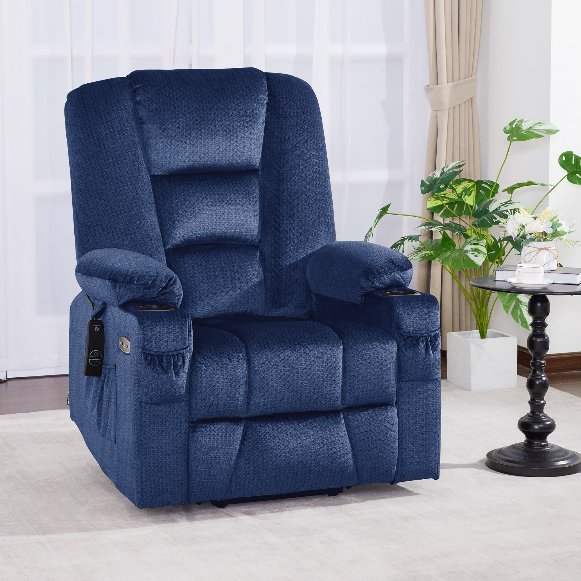 MCombo Large Power Lift Recliner Chair Sofa with Massage and Heat for Elderly People, Extended Footrest, Hand Remote Control, USB Ports, Fabric 7549 (Large, Navy Blue)