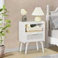 thumbnail image 3 of Rattan Nightstand, Boho Side Table with Drawer Open Shelf, Cane Accent Bedside End Table with Solid Wood Legs for Bedroom, Dorm and Small Spaces (White), 3 of 8