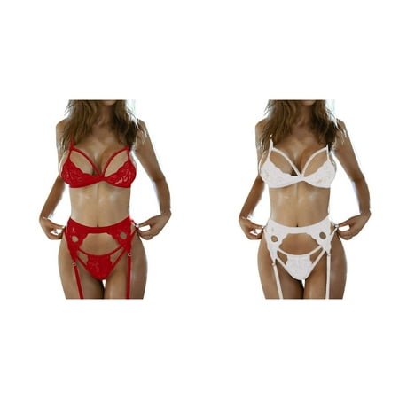 2-Pack Women Lingerie Hot Lace Bra Set Red Teddy Briefs Bandage Underwear Set Dress Push Up Bra Lingerie Sets Push up Strapless Bras for Women Low Back Adult Lingerie Womens plus Size