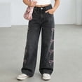 thumbnail image 2 of Girl's Casual Jeans Stretch Elastic Waist Distressed Denim Wide Leg Pants Toddler Kids Cute Jeans for Girls Size 10-11 Years, JN1-Grey, 2 of 6