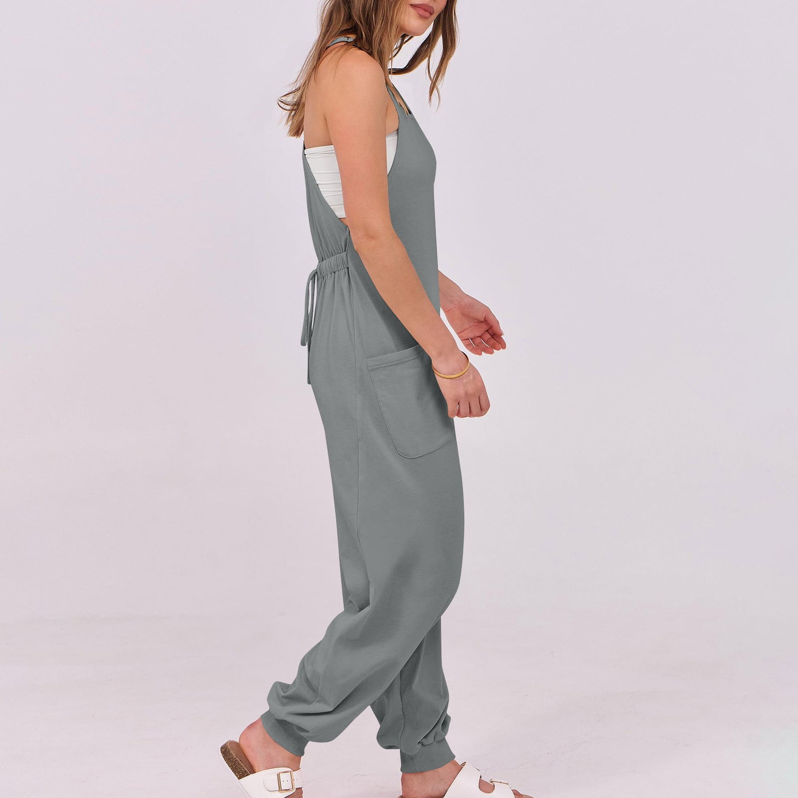 lcziwo Women's Causal Sleeveless Jumpsuits Summer Scoop Neck Harem Overalls Loose Fit Spaghetti Straps Romper with Pockets Holiady Going Out Outfits Gray M