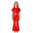 thumbnail image 2 of Boys Dance Sequin Red Dance Short Sleeve Top and Flared Pants Two Piece Outfit Set 80s Kids Outfit for Girls Stage Performance Outerwear 4-5 Years, 2 of 9