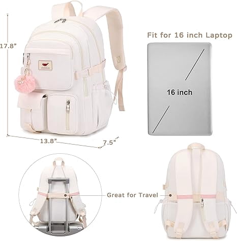 AO ALI VICTORY 3 Piece Backpack Set Laptop Backpack 15.6 inch Junior High Backpack College Backpack Anti-theft Travel Backpack Large Teenage Ladies（White)