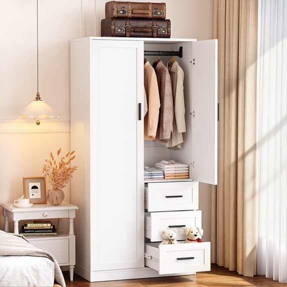 MIIFUNY 66.5” Wardrobe Closet, Bedroom Armoire with 3 Drawers and Hanging Rod, 2 Doors Wooden Armoire Wardrobe Closet, Ideal for Bedrooms, Cloak Rooms, White