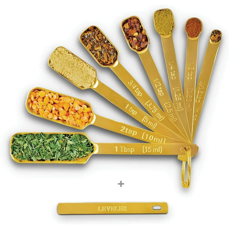 Gold Measuring Spoons - Set of 7 Includes Leveler - Premium