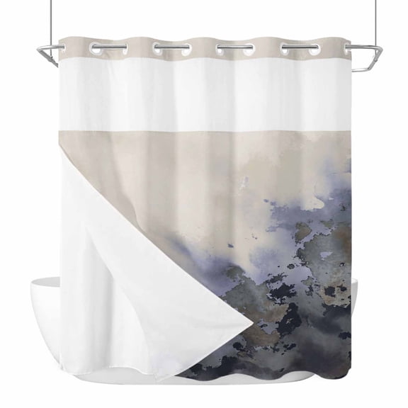Black Blue Beige No Hook Shower Curtain with Snap in Liner, Waterproof Fabric Shower Curtains, Modern Ink Wash Painting Abstract Art Shower Curtain Set Top See Through for Bathroom 66"x72"