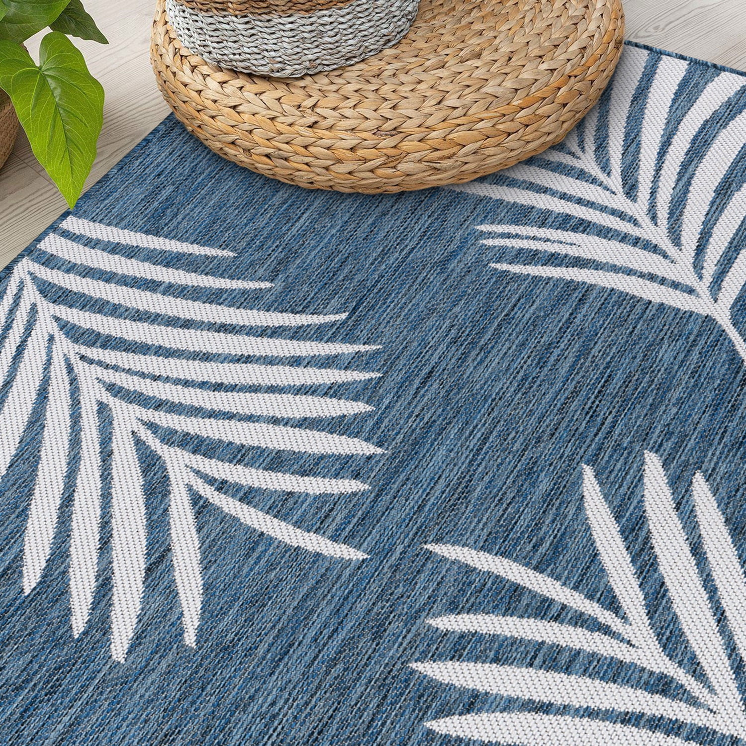 World Rug Gallery Contemporary Palm Leaves Textured Flat Weave Indoor/Outdoor Area Rug - NAVY 5' X 7'