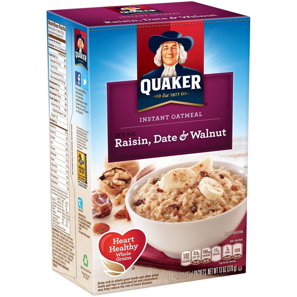 (4 Pack) Quaker Raisin Date & Walnut Instant Oatmeal, 10 Count, 1.3 oz