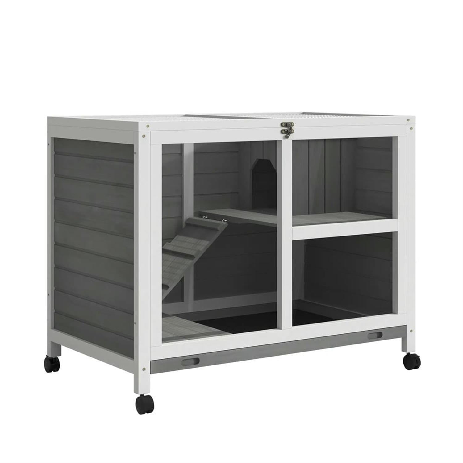 Kadyn 36" Indoor Wooden Rabbit Hutch with Openable Roof, Removable Tray and Wheels, Outdoor Bunny Cage for Bunnies, Guinea Pigs, Gray