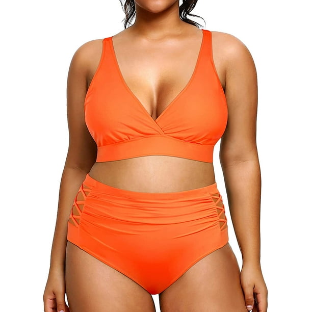 Yonique Womens Plus Size Bikini High Waisted Swimsuits Two Piece Bathing  Suits Tummy Control Swimwear, Neon Orange, 12 