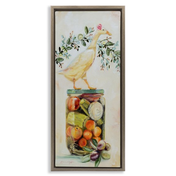 Stupell Industries Charming Goose on Vegetable Jar Animals & Insects Painting Brown Floater Framed Canvas Art Print Wall Art, 15 x 31