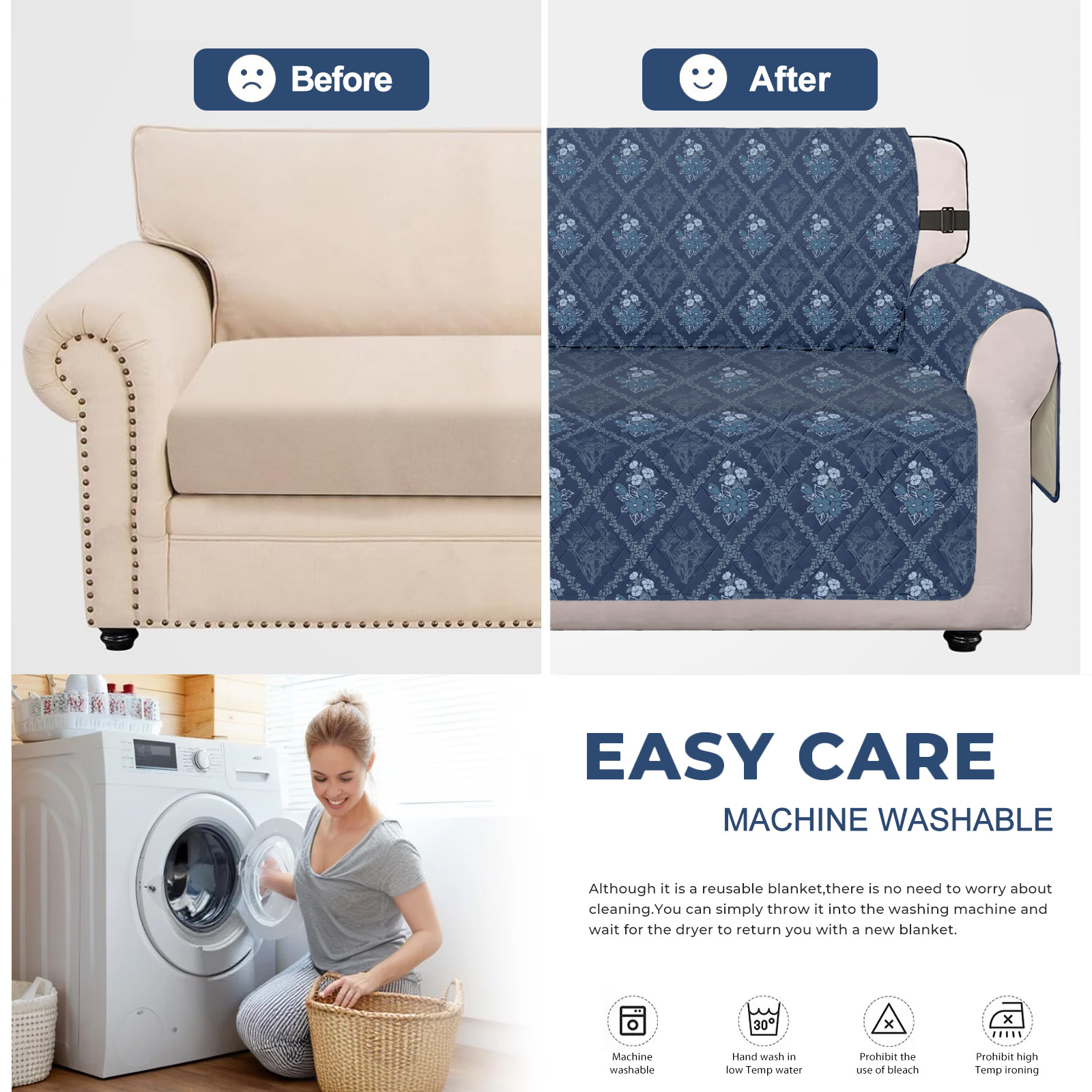 Sanmadrola Waterproof Sofa Cover Slipcover Couch Cover Furniture Protector Machine Washable Non Slip Leakproof with Straps for Dogs Kids Pets Navy Blue Flower Sofa