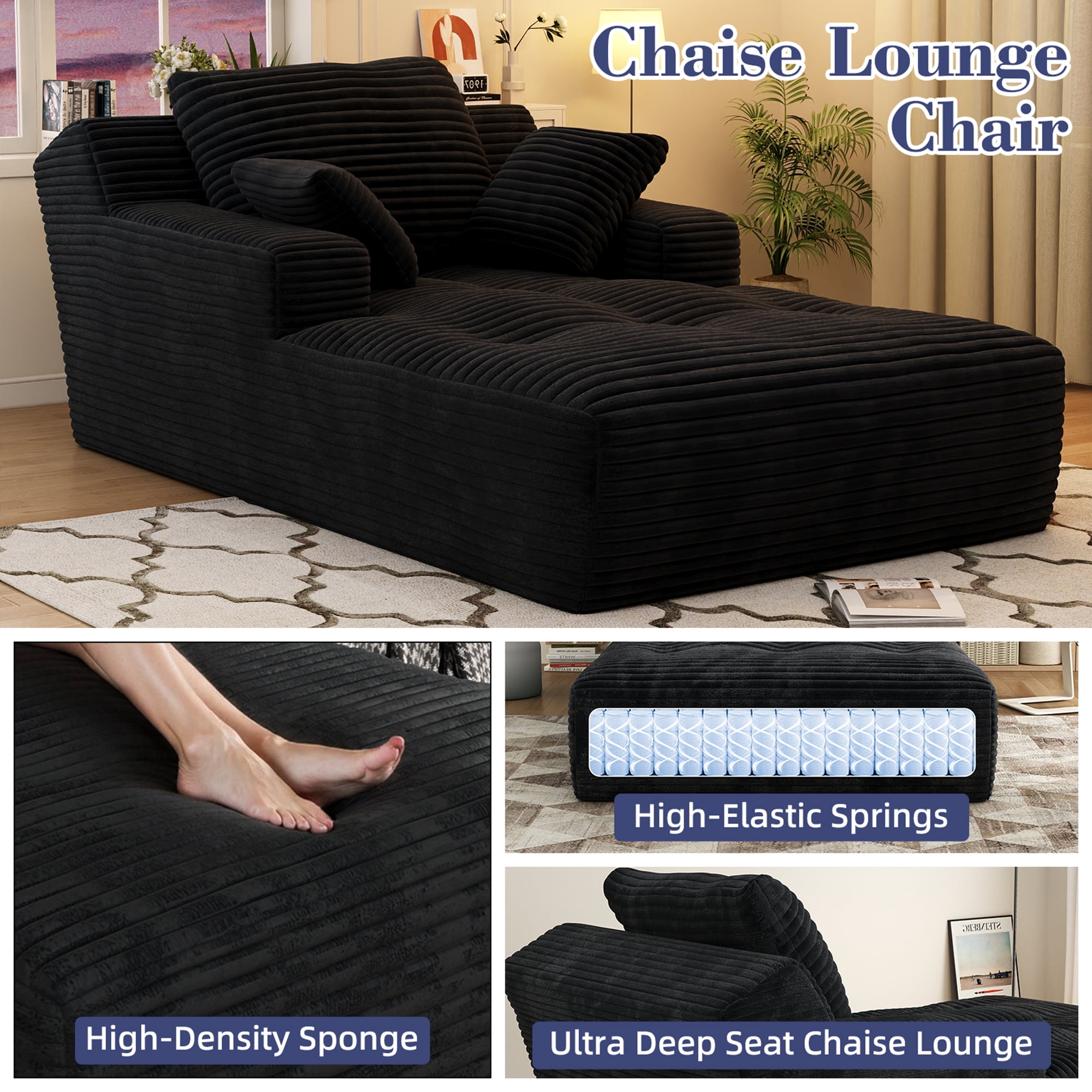 67'' Oversized Chaise Lounge Chair Indoor, Cloud Plush Corduroy Upholstered Sofa Bed, Modern Deep Seat Sofa with Back Cushion, Pillows, Cozy Sleeper Couch for Living Room, No Assembly Required, Black