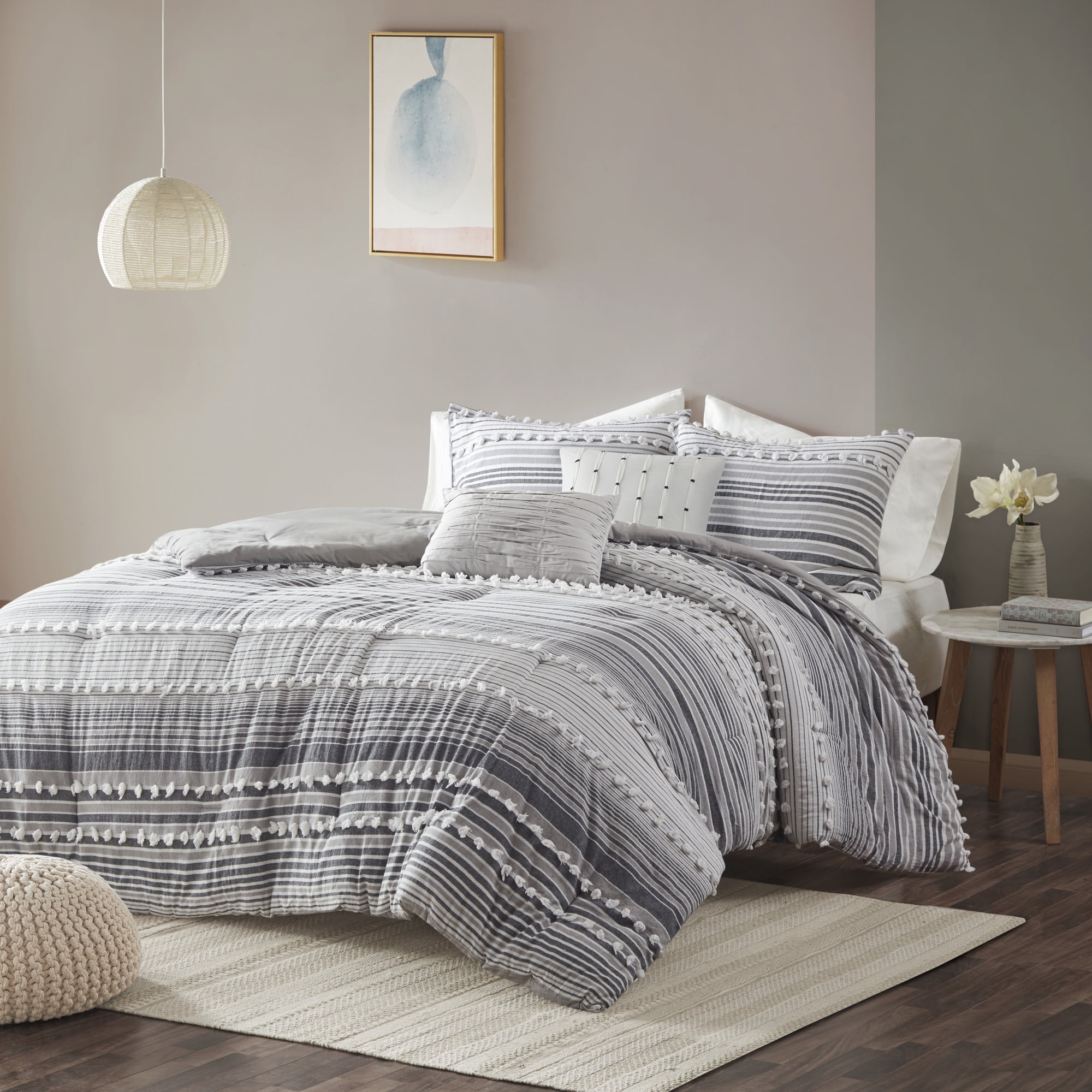7-Pc Zen Comforter Set|Embossed Diamond Square Pintuck Stripe|White Gray|King 