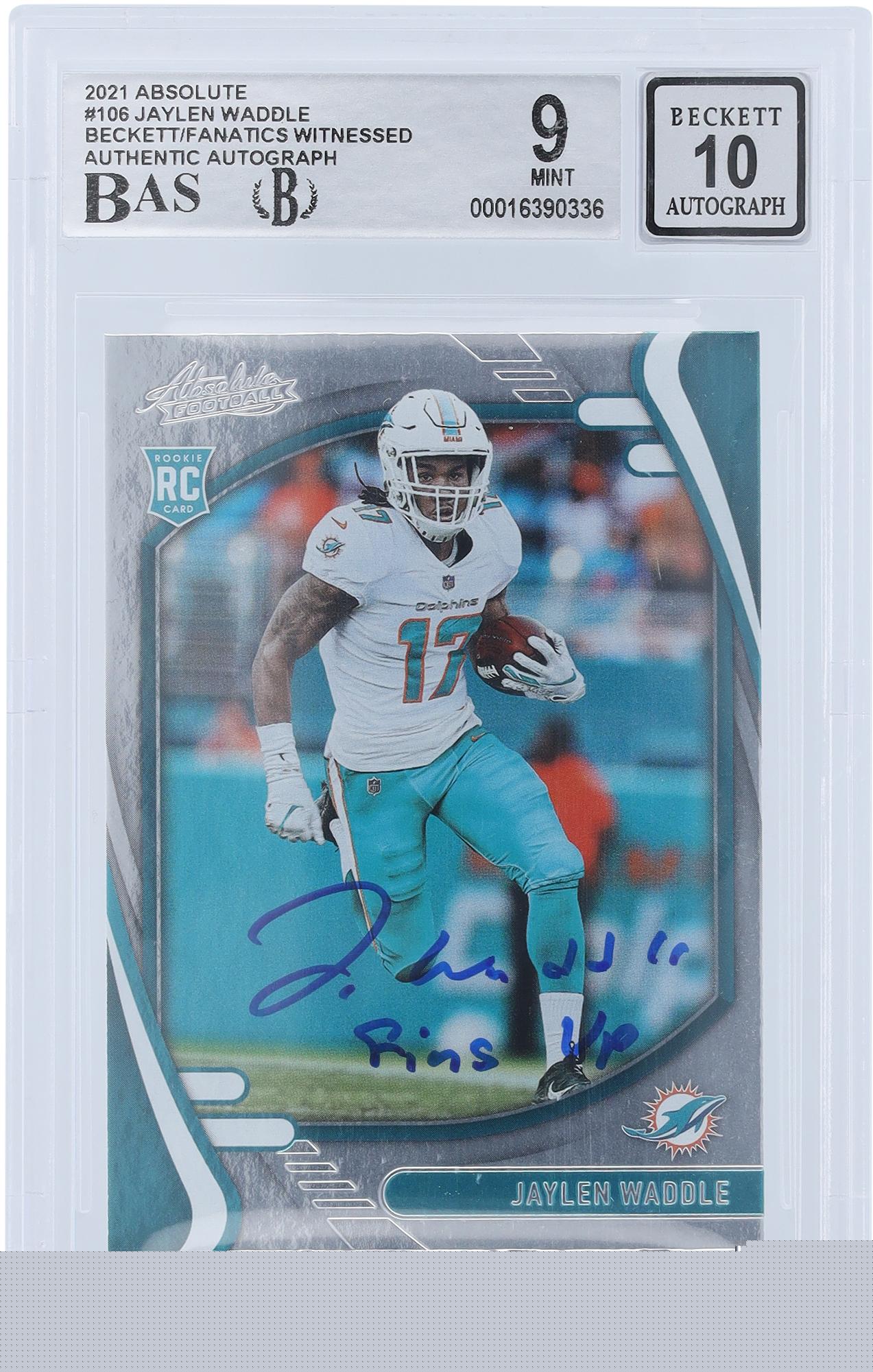 Jaylen Waddle Miami Dolphins Autographed 2021 Panini Absolute #106 Beckett Fanatics Witnessed Authenticated 9/10 Rookie Card with "Fins Up" Inscription - Fanatics Authentic Certified