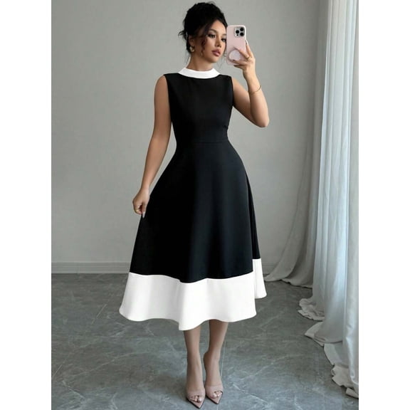 Black And White Sleeveless A-Line Midi Dress With Collared Neck And Patchwork Hem