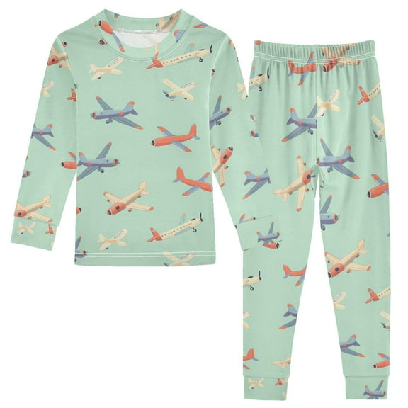 joogoo Airplane Retro Green 2 Piece Long Sleeve Tee and Pants Cotton Pajama Set 5Y