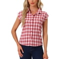 thumbnail image 1 of Camisa de botones de cuadros con cuello de punta y mangas cortas para mujer INSPIRE CHIC en cuadros rojos, 1 of 6