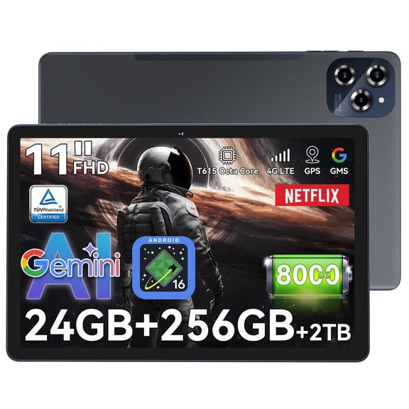 Android 16 Gemini AI Tablet-11 Inch FHD Display, 24GB RAM 256GB ROM/2TB TF, T615 Octa-Core AI Tablets, 8000mAh/18W Fast Charge, 5G WiFi & 16MP Camera, TÜV Certified Netflix for Stream/Game
