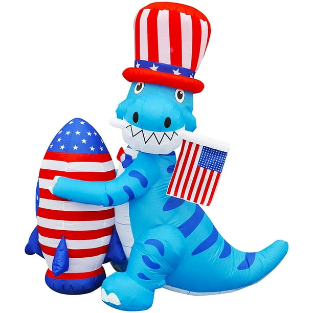 5 FT Independence Day Inflatable Dinosaur Holding a Rocket Decorations