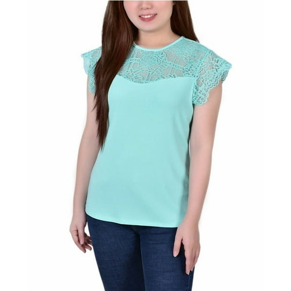 NY Collection Women's Crepe Knit Top with Lace Flanged Sleeve and Yoke Size XL