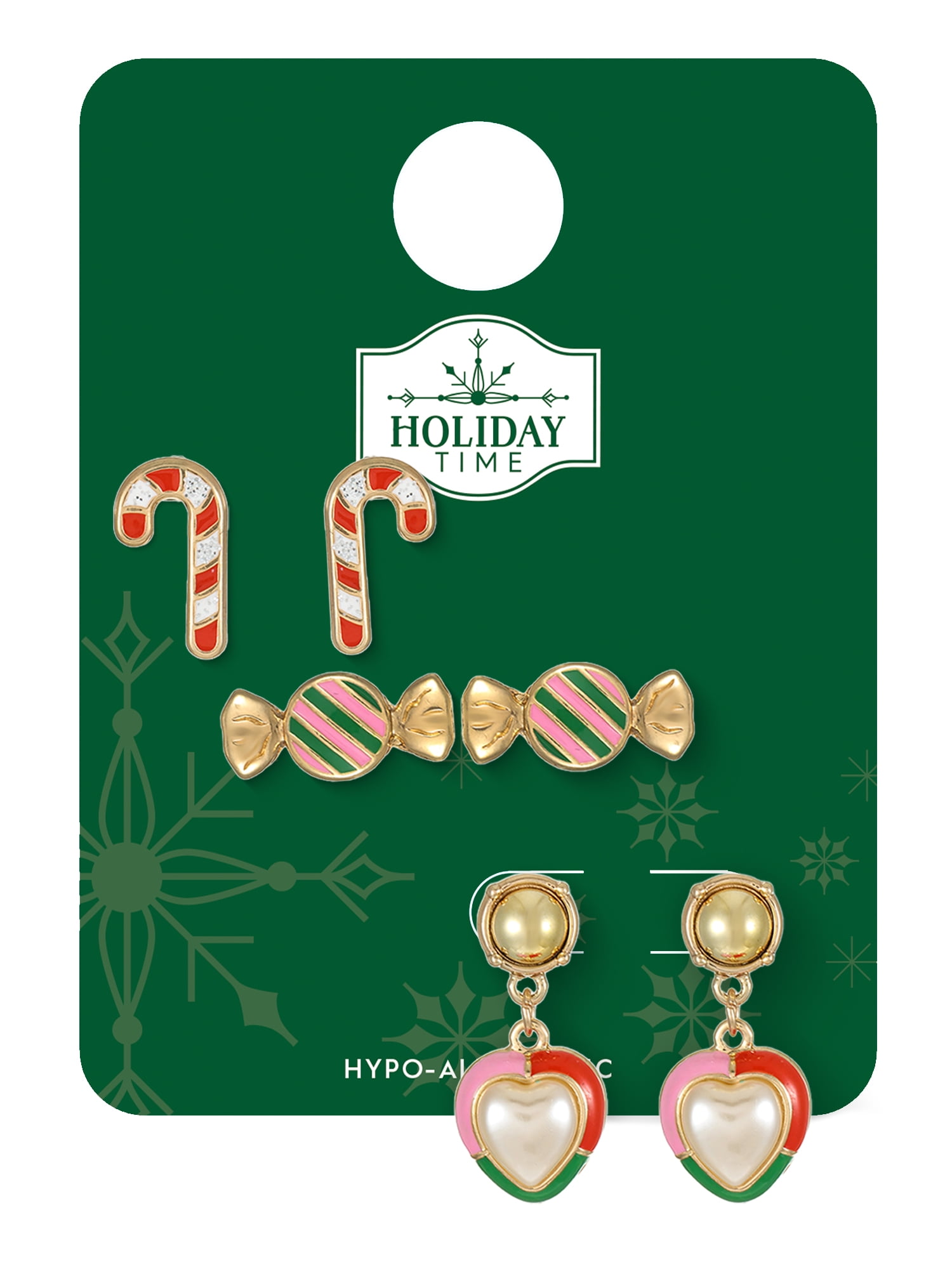 Holiday Time Candy Cane, Candy and Heart Motif Earrings, 3 Pairs
