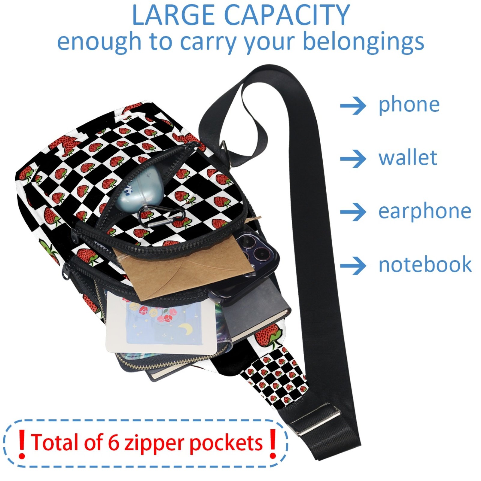ERJLKXP Black and White Grid Strawberry Small Mens Women Crossbody Chest Bag, Travel Over Shoulder Sling Bag Backpack Men Side Bag,Daypack