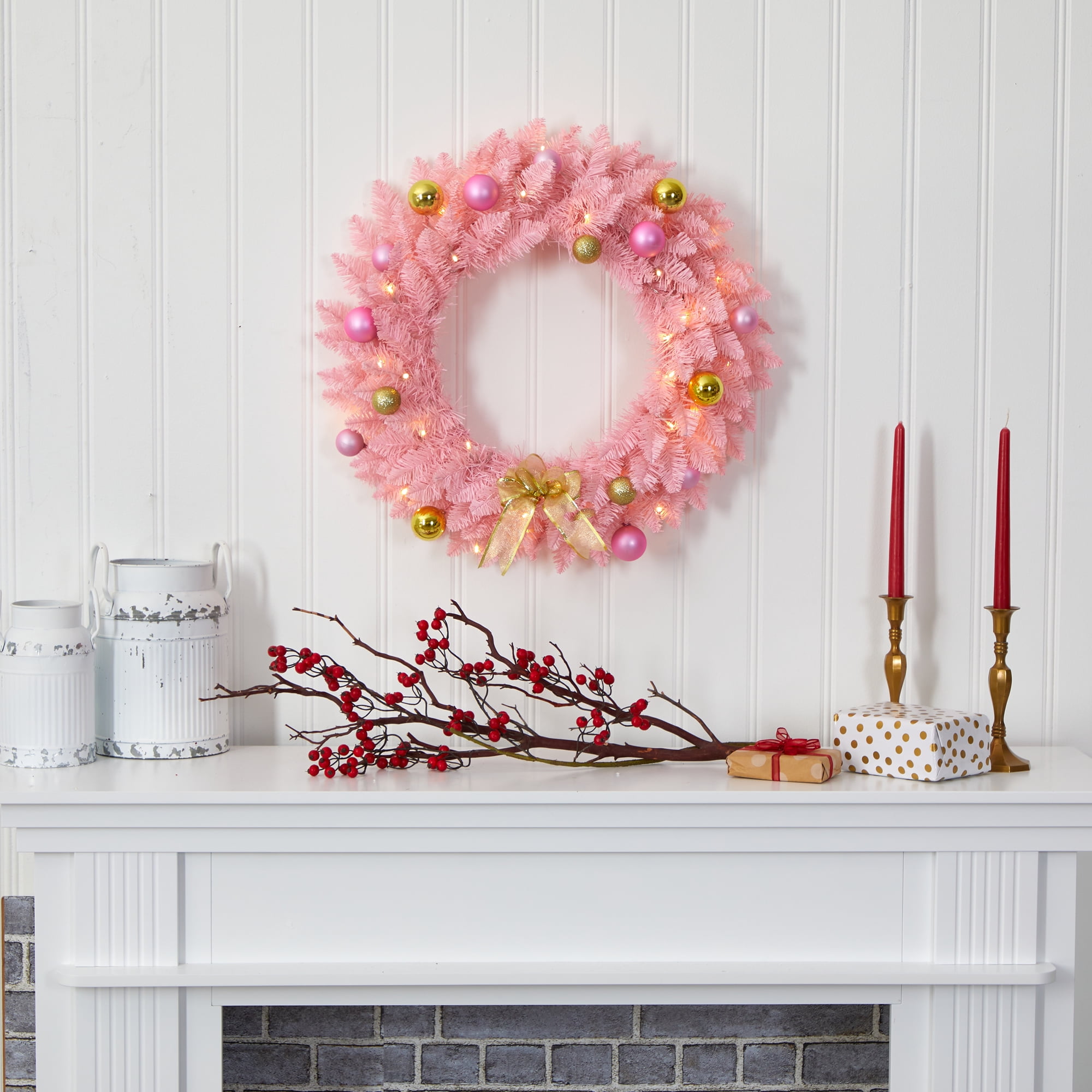 Nearly Natural 24" Pink Artificial Christmas Wreath with 35 LED Lights and Ornaments