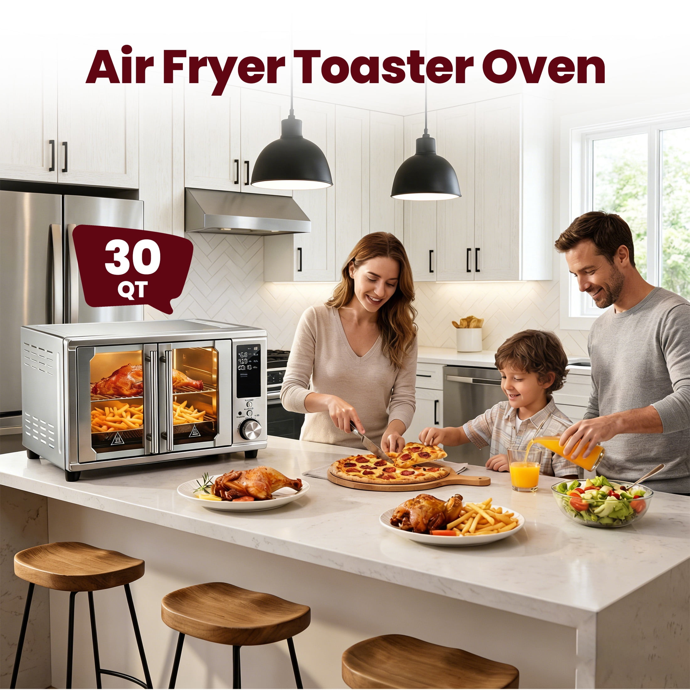 EDX 28L Silver Double-Door Air Fryer Oven, 4-in-1 Functions, 120V, 0-60min Timer, Free Tray & Rack & Tongs, Household Kitchen Use