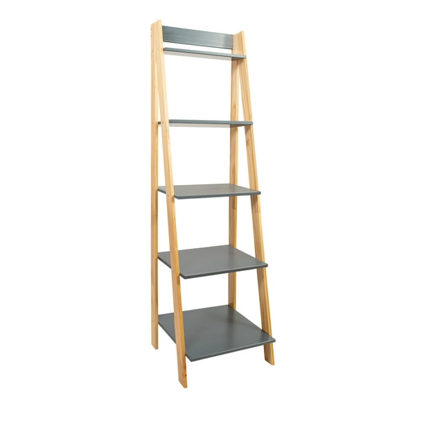Adeptus Solid Wood Split 5 Shelf Ladder Bookcase Natural LegsGrey