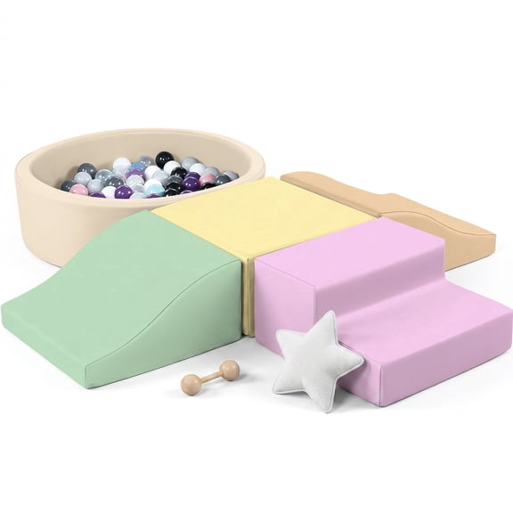 PigPigPen 4-Piece PU Leather Climbing Toys with Ball Pit: Foam Climbing Blocks for Toddlers - Indoor Foam Ball Pit & Crawling Toys for Kids (Yellow)