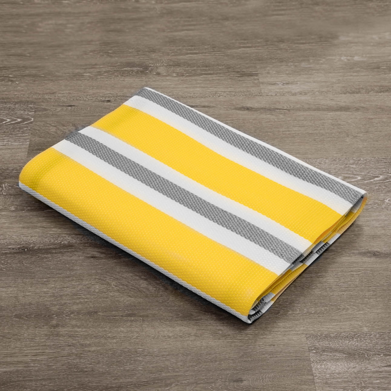 Luna Contemporary Stripe Yellow and Gray Polypropylene Reversible Plastic Straw Outdoor Area Rug, 4' x 5'11'' Rectangle