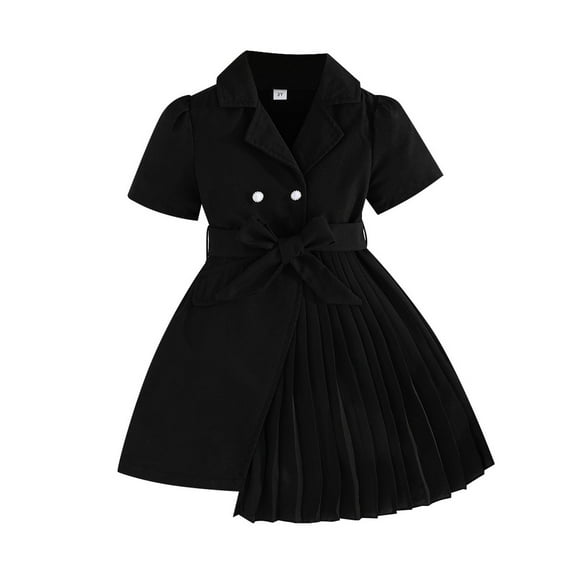 Glisme Summer Dress For Girls Puff Sleeve Lace Up Fashion Sundress With Belt Comfort Fit Little Girl Princess Dress Size 2-3 Years,Black