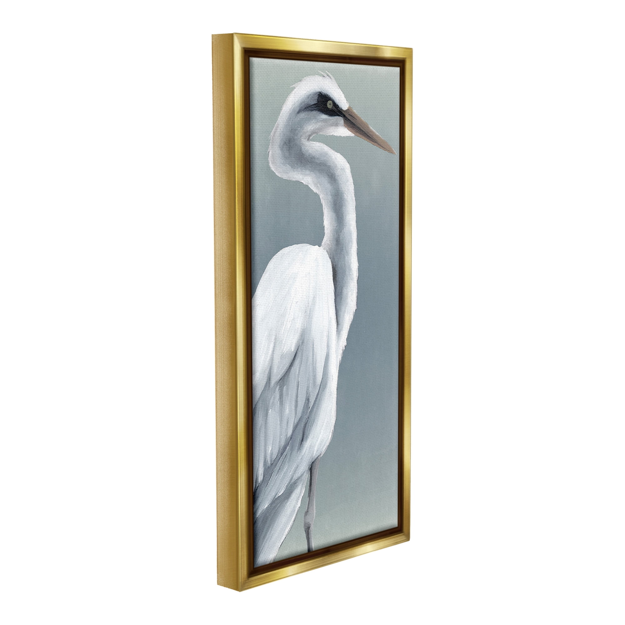 Stupell Industries White Heron Portrait Animals & Insects Painting Gold Floater Framed Canvas Art Print Wall Art, 14 x 31