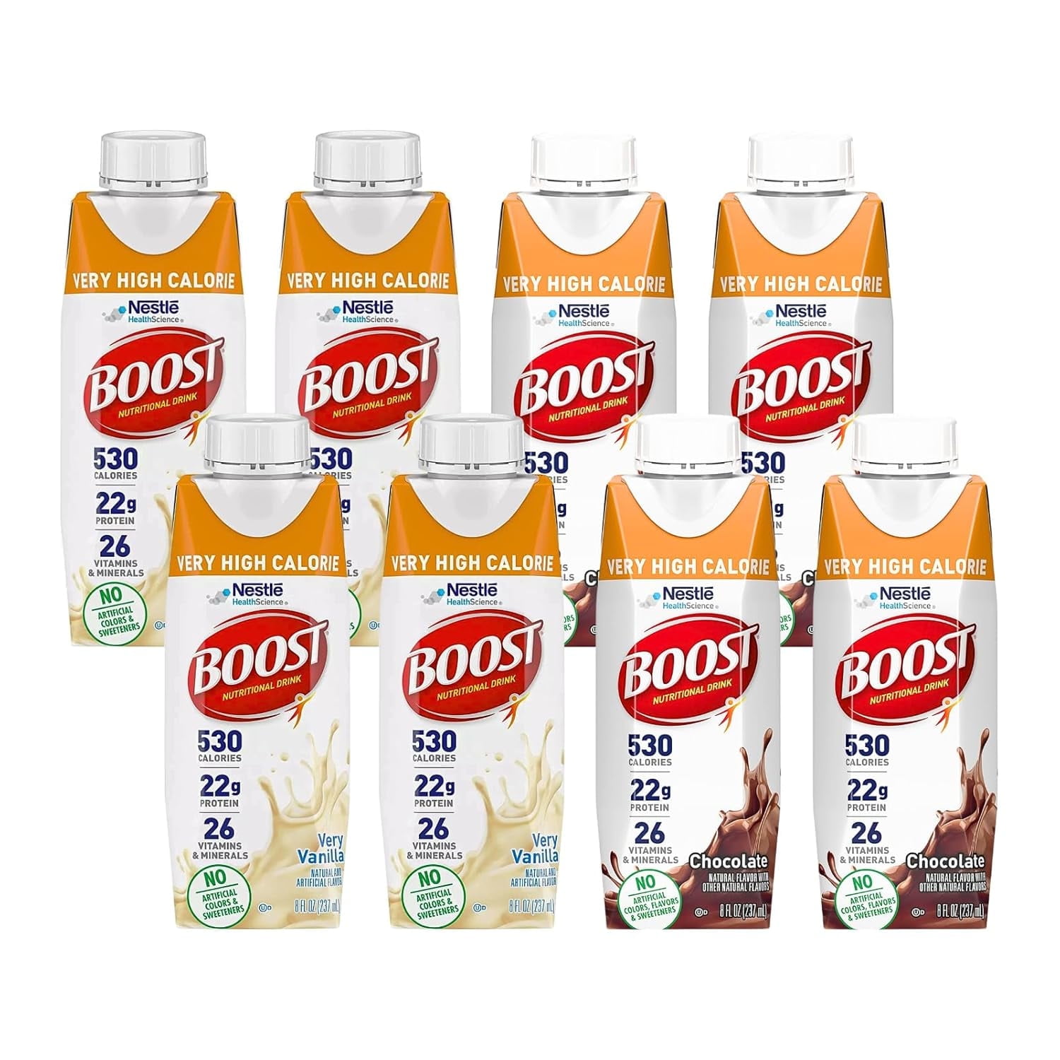 Boost Very High Calorie Nutritional Drink Variety Pack, 4 Vanilla, 4 Chocolate