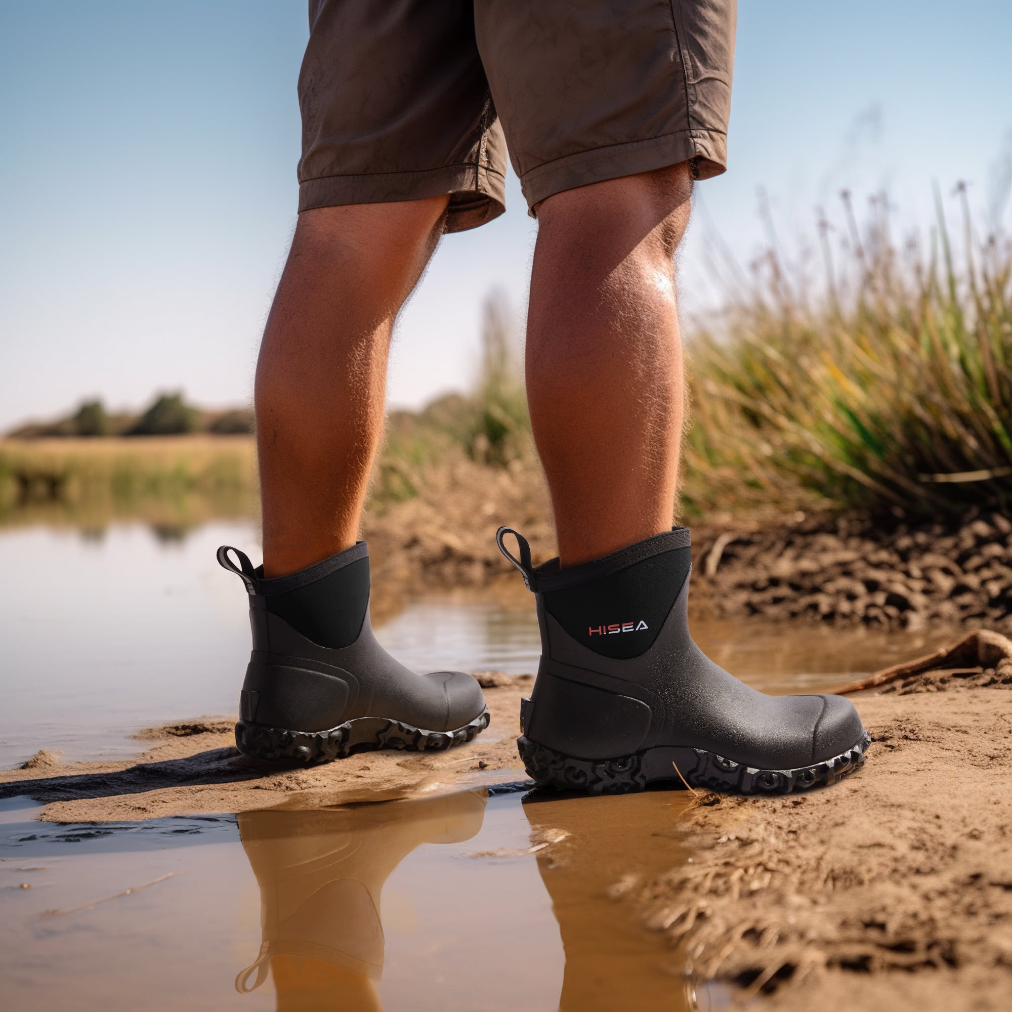 HISEA Men's Rubber Rain Boots Waterproof Outdoor Ankle Mud Boots Black US Size 10
