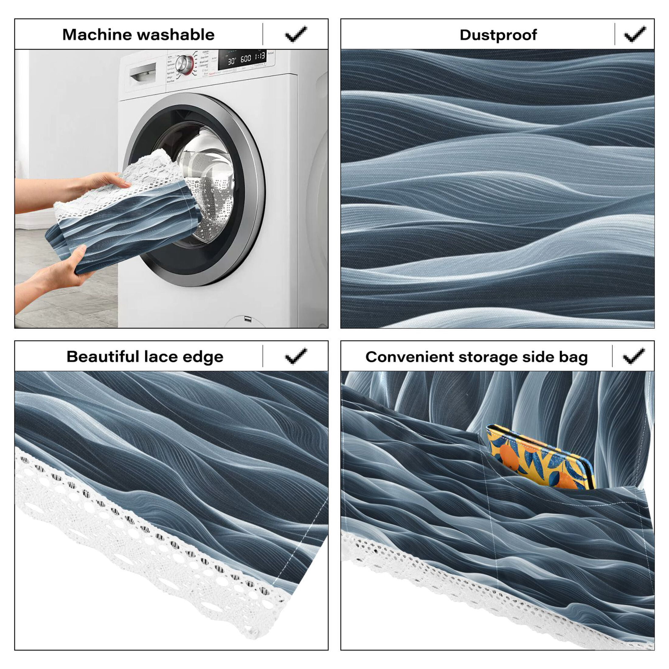 Dustproof Washing Machine Cloth Washer and Dryer Top Covers, Fridge Dust Cover, With Storage BagsNavy Blue Waves