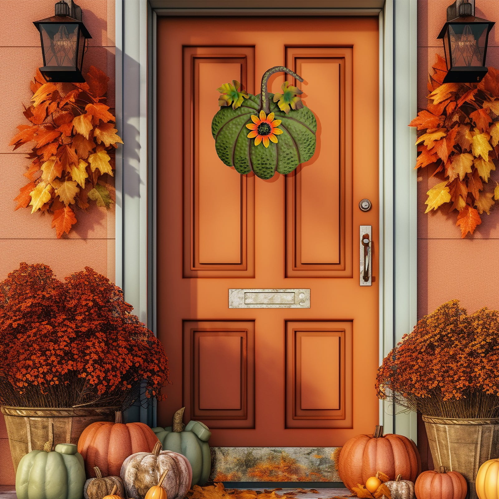 ZLBDYG Rustic Metal Pumpkin Hanging Decoration & Stake Garden Outdoor Decor - Fall Thanksgiving Yard Sign with Green Stem for Lawn Pathway Porch Autumn Festival Seasonal Decoration