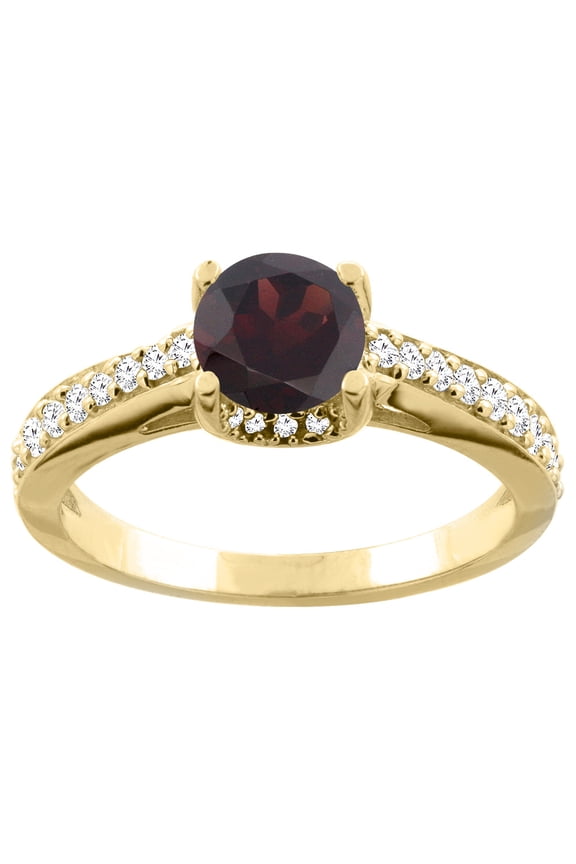 14K Yellow Gold Natural Garnet Ring Round 6mm Diamond Accents 1/4 inch wide, size 6