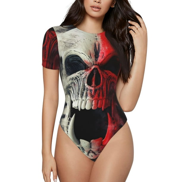 Balery Red And White Screaming Demon Skull Body de cuello redondo de manga corta para mujer Tops de manga corta Tops básicos-Small