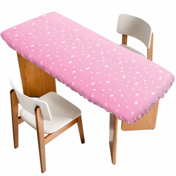 Valentine's Day Table Cloths for 8 Foot Rectangle Tables, Ombre Pink Love Romantic Patio Waterproof Elastic Fitted Tablecloths, Washable Rectangular Table Cover for Camping
