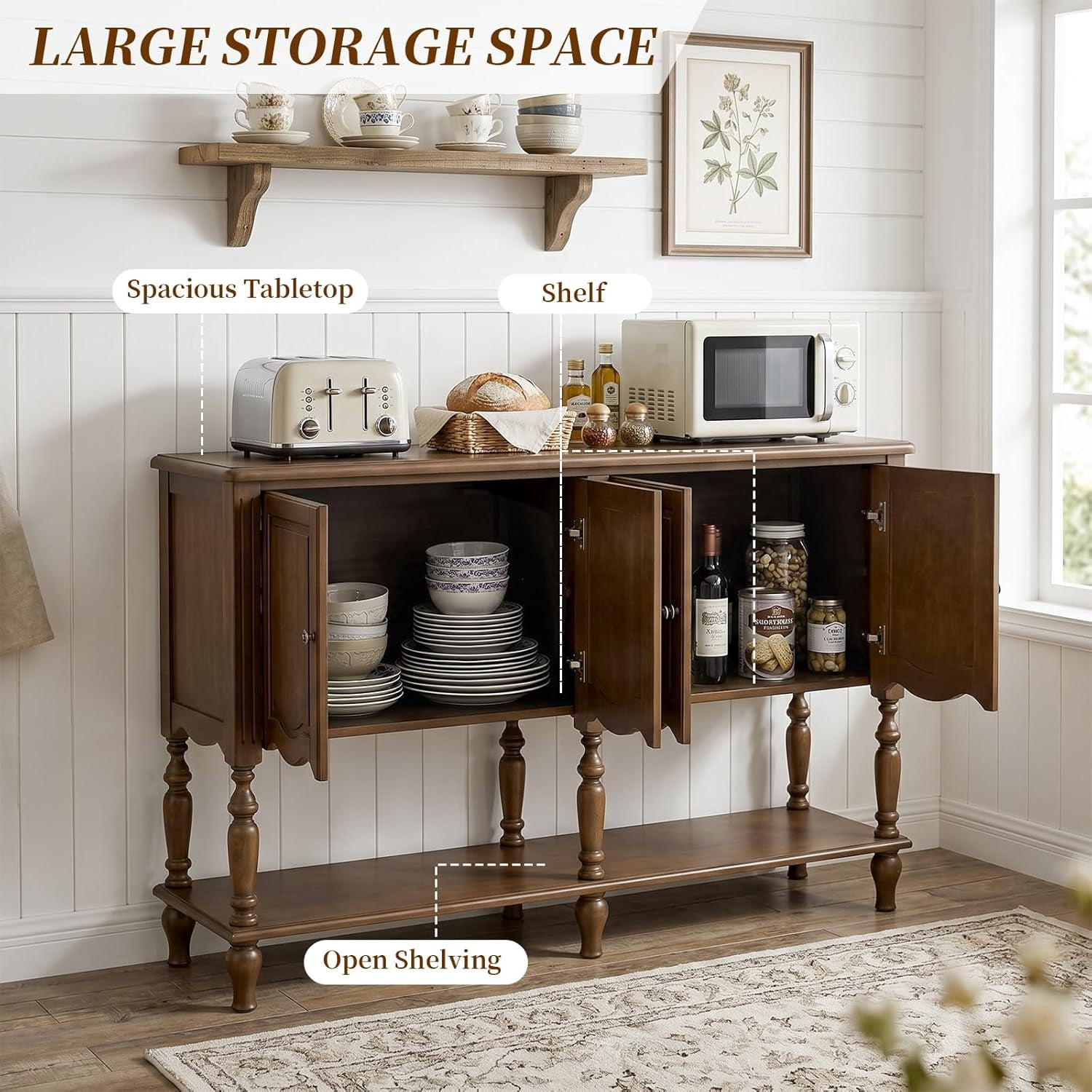 LKTART 51.2" Mid-Century Farmhouse Console Table, Solid Wood Veneer MDF with 4 Doors and Open Shelf, Walnut
